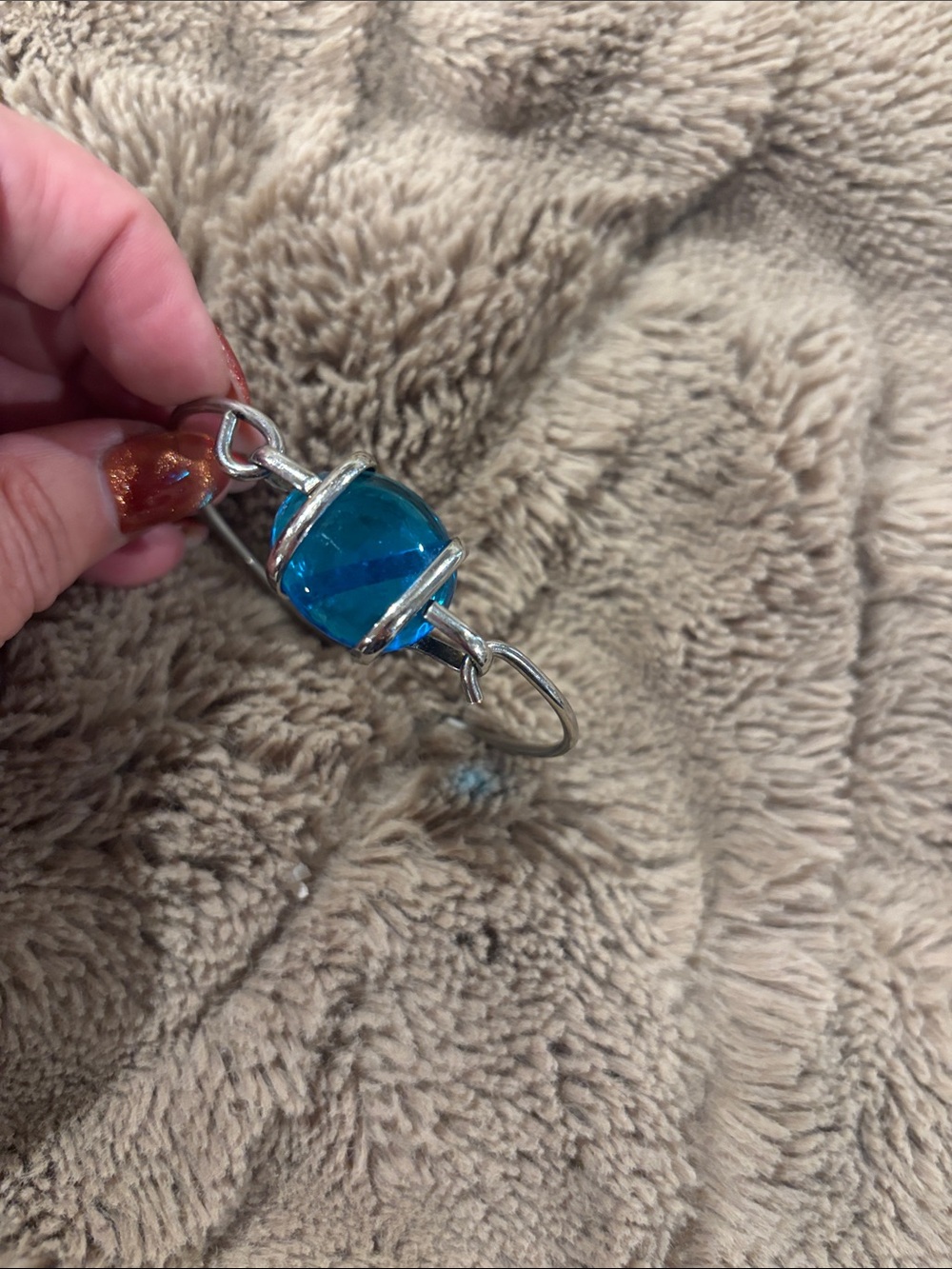 Blue Glass Orb Silver Bangle Bracelet - Women Jewelry